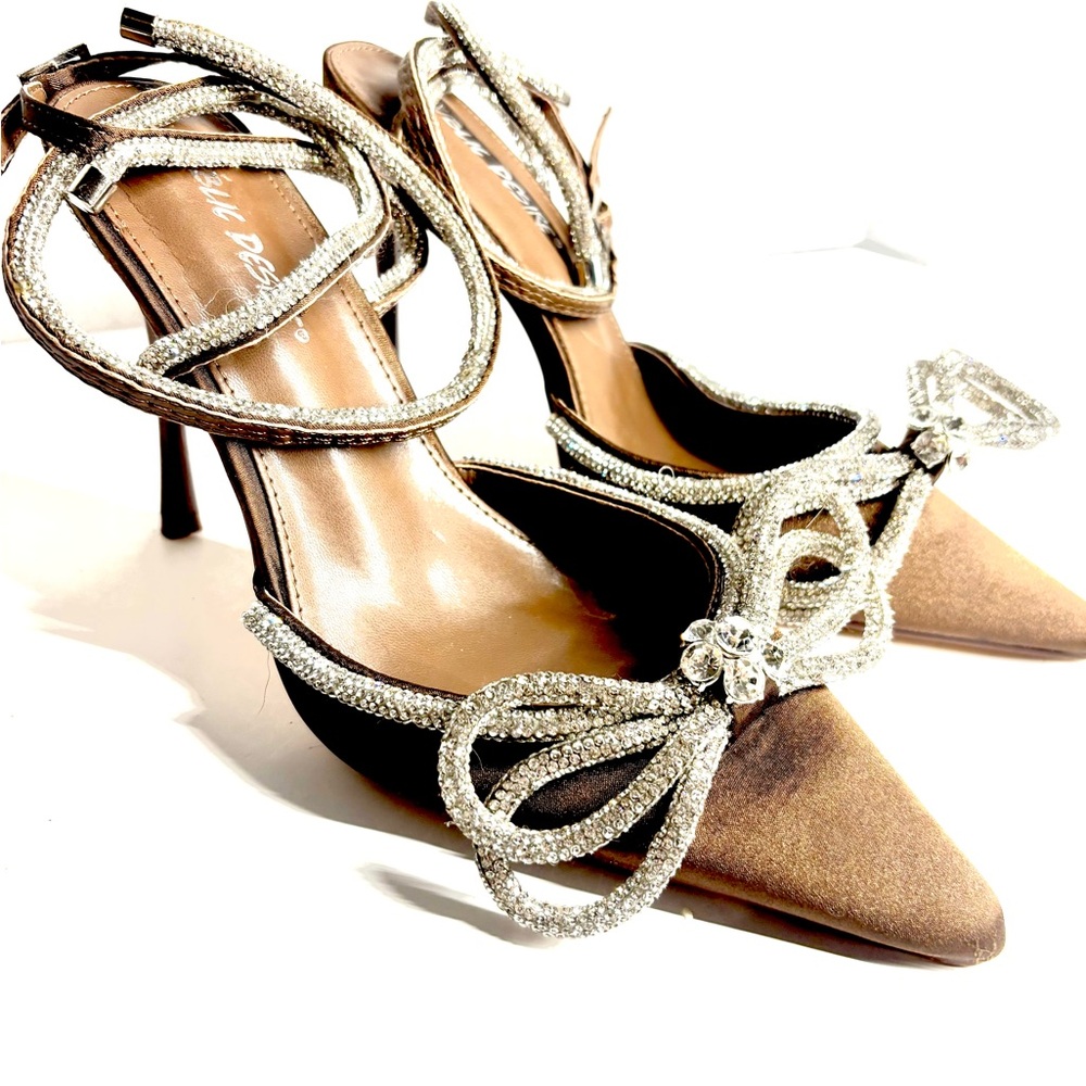 Metallic ankle-wrap Stiletto heels Crystal-embellished Bow detail Chocolate 9W - Picture 5 of 14